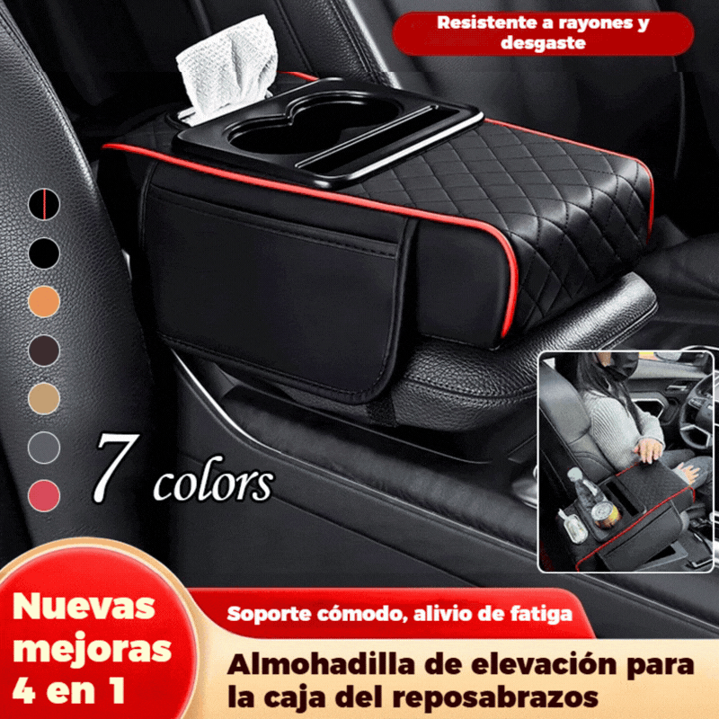 🚗Almohadilla universal 4 en 1 para reposabrazos de coche de cuero ✅ Caja de pañuelos incorporada ✅ Portavasos
